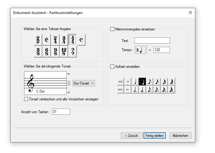 Dialogbox Dokument-Assistent Partitureinstellungen